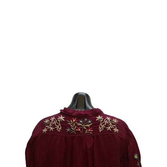 Johnny Was Burgundy Floral Embroidered Button-Up Blouse Size S - Picture 6 of 8